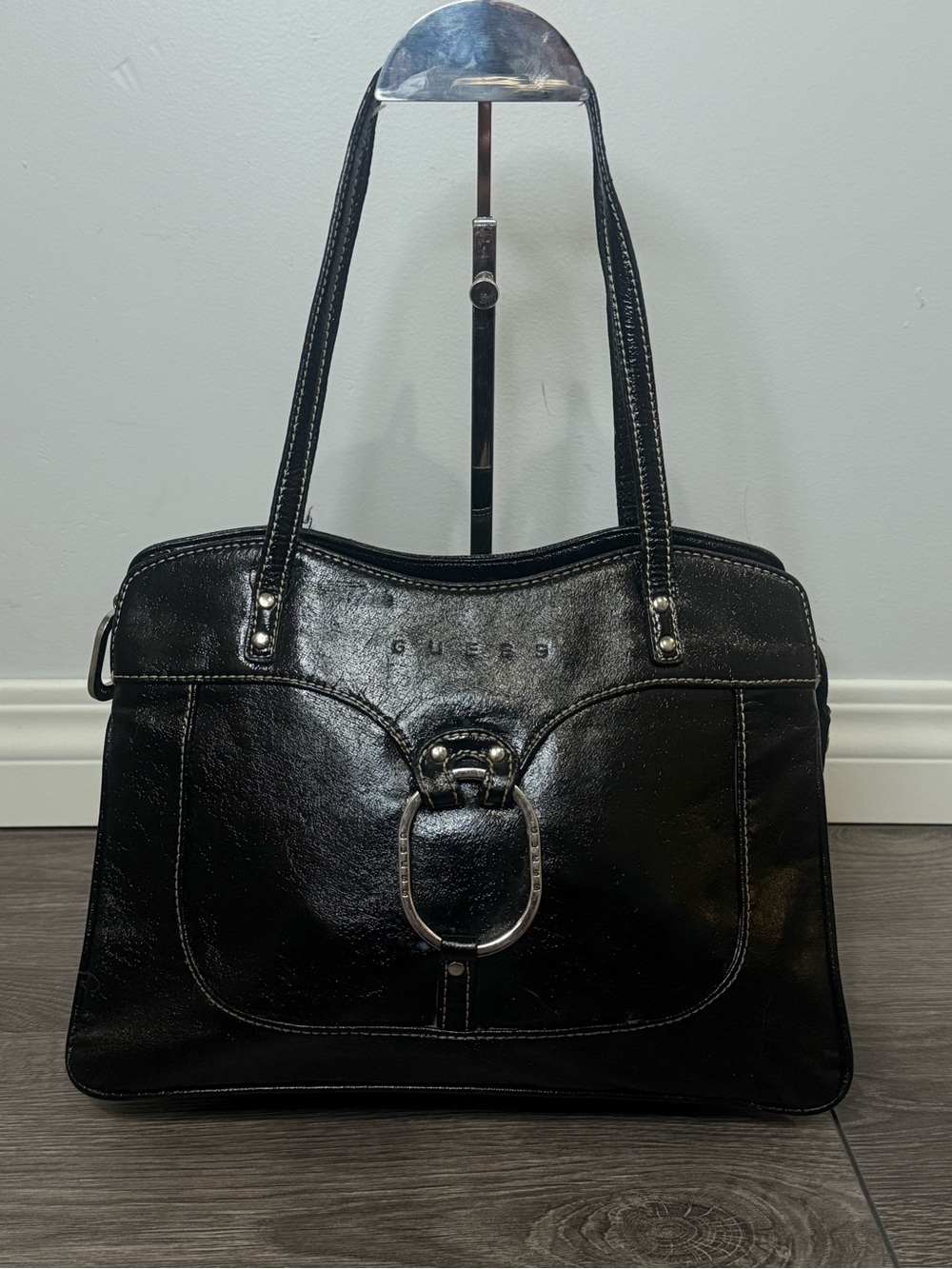 Vintage Guess Black Leather Shoulder Tote Bag Silver Hardware Polka Dot Lining